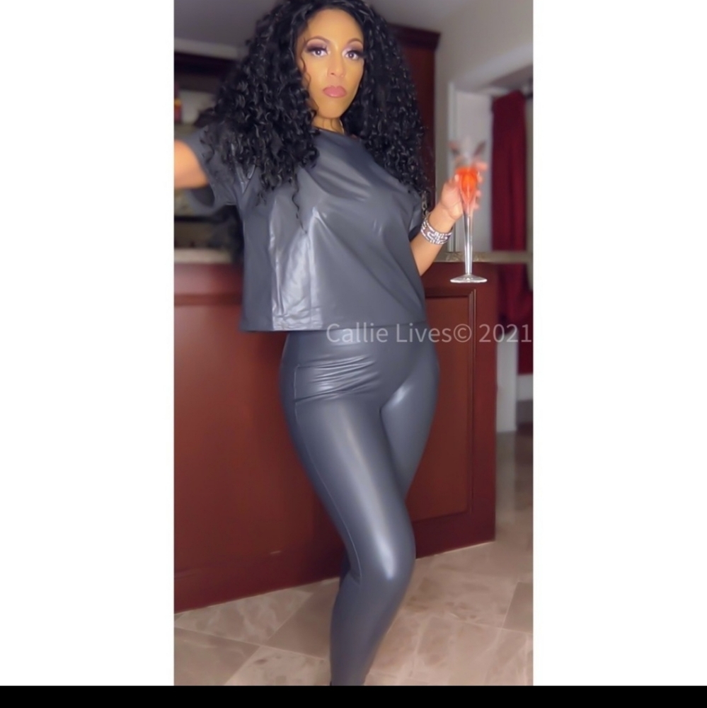 HostPick! Miz Holiday Vegan Charcoal Leather Crop Top & Legging Sets - Picture 6 of 9